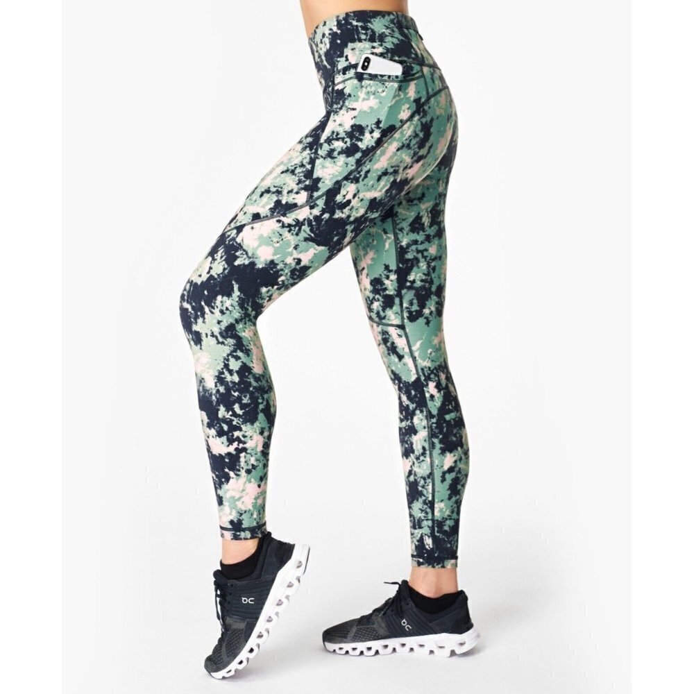 SWEATY Betty BNWOT "power pocket" tights 7/8 sz XXS NEW Green abstract tie dye